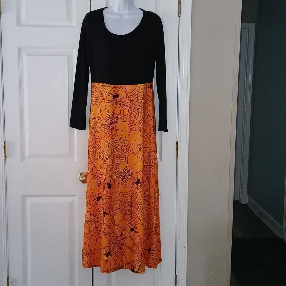 Halloween black and orange spider web and spider party dress  Sz L NWOT